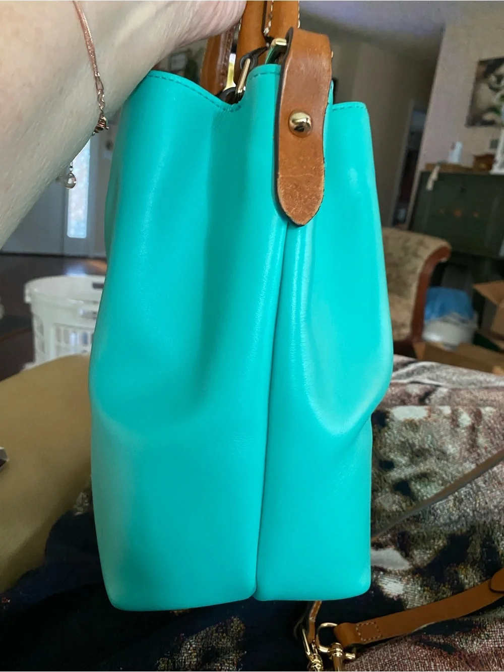 Dooney & Bourke City Barlow Teal Satchel with Tan Handles